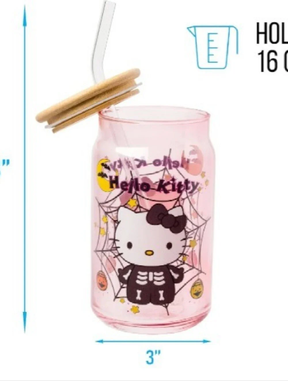Hello Kitty Pink Halloween Glass Tumbler with Straw and Bamboo Lid
